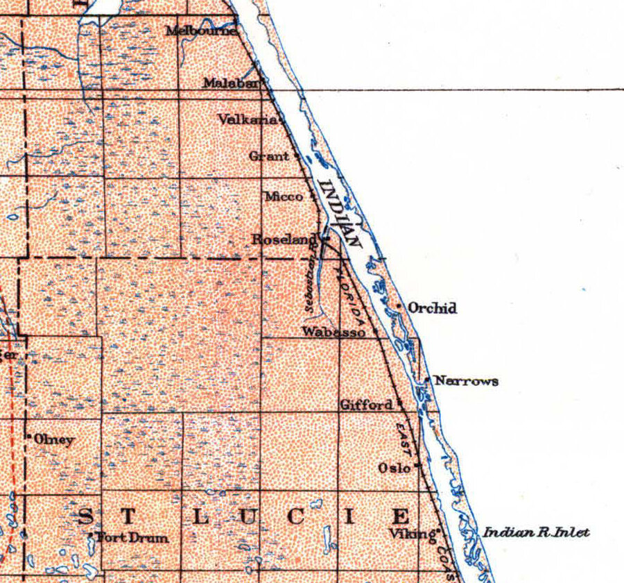 Detail of a 1913 map of the Indian River from Melbourne to the Indian River Inlet, marking Roseland, Orchid, Wabasso and Narrows