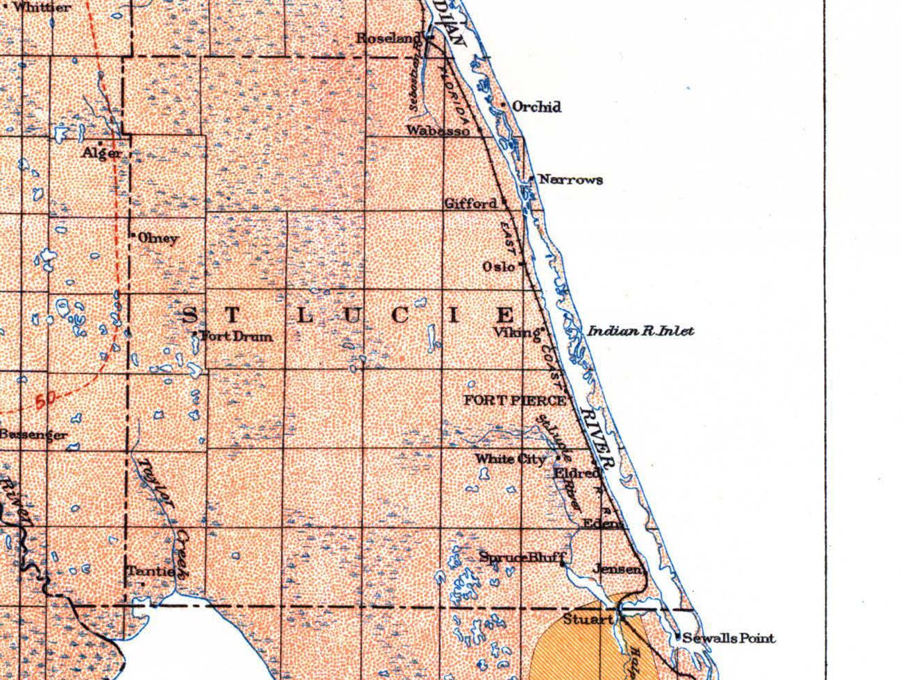 Detail of a 1913 geologic map of Florida showing St. Lucie County, with Fort Pierce on the Indian River and Fort Drum inland
